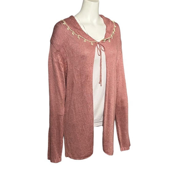 April Cornell Pearl Trim Sweater Dusty Rose Pink Open Cardigan Rayon Size Large - Picture 2 of 9